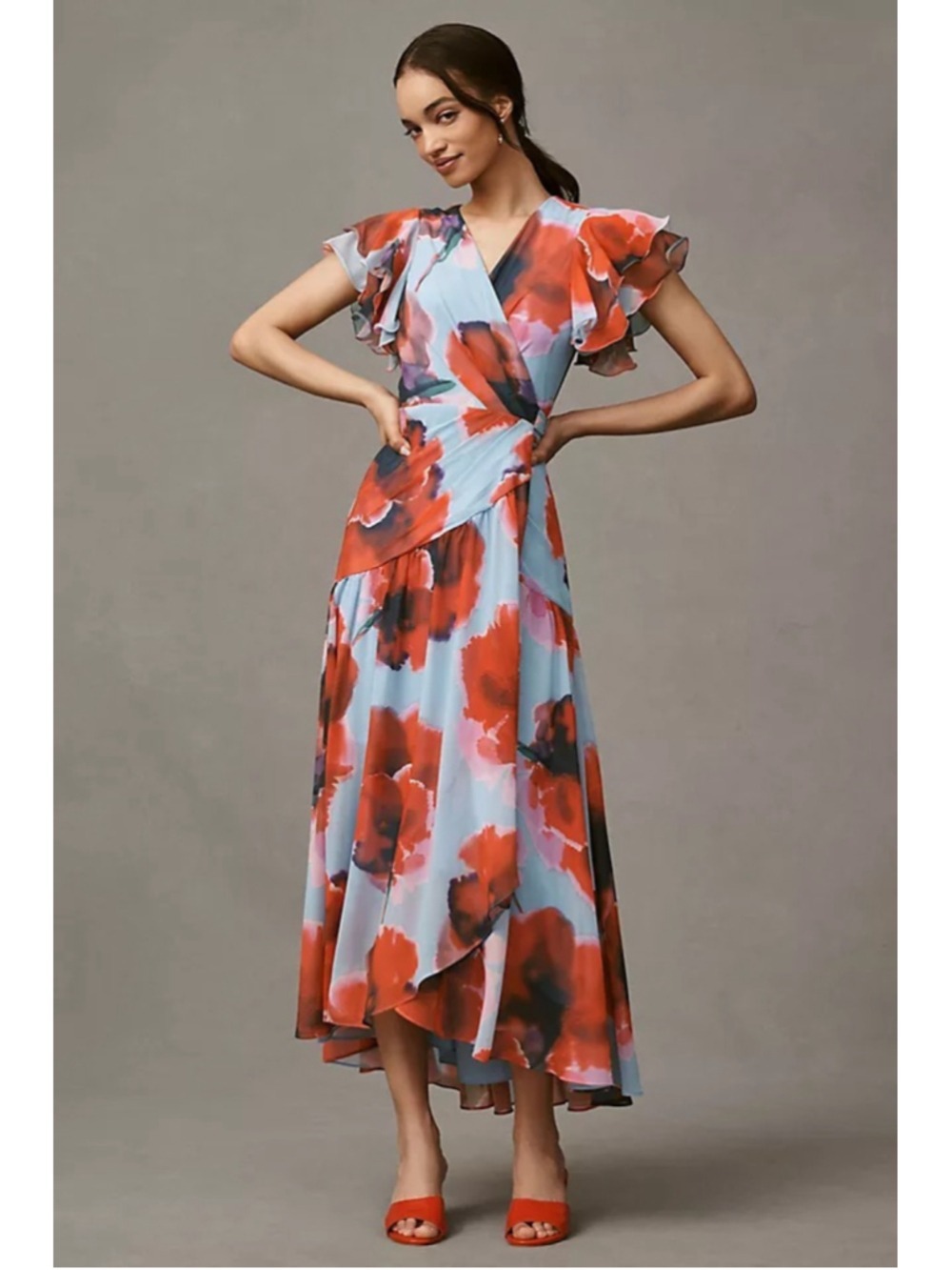 Women's Hutch Floral Wrap Midi Dress XSP Blue Red - Picture 3 of 9